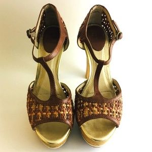 Frye Kara Woven T Strap Leather, Wood, Cork Heels